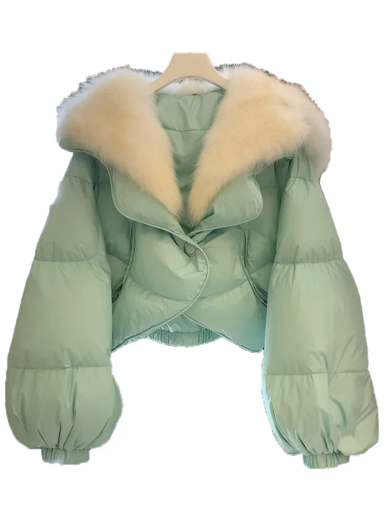 Winter Big Fur Collar Short Down Coat Women Sweet 2022 New French Style High-Grade Streetwear Wear Parka Puffer Jacket Female