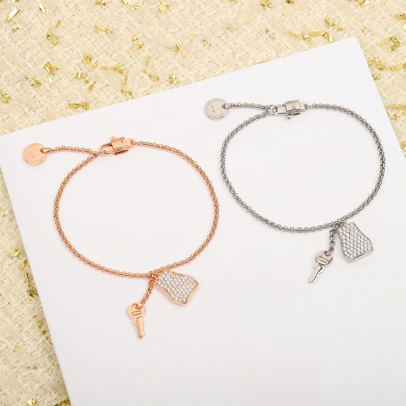 

S925 Sterling Silver Lock Key Pendant Bracelets For Women European American Rose Gold Zircon Bracelet Charm Chain Luxury Jewelry