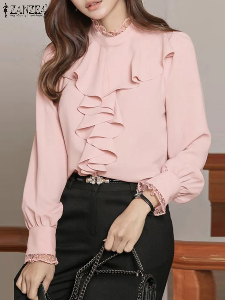 

ZANZEA Stylish Women Work Office Shirts 2022 Long Sleeve Blusas Casual Ruffles Chemise Solid Tunic Tops Spring Oversized Blouses