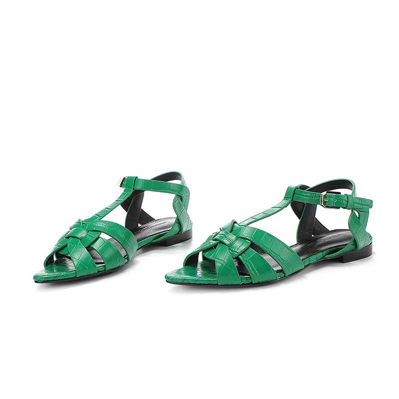 2023Summer New Low Heel Open Toe Leather Sandals Casual Fashion Versatile Comfortable Women's Slippers Roman Hollow Sandals35-43