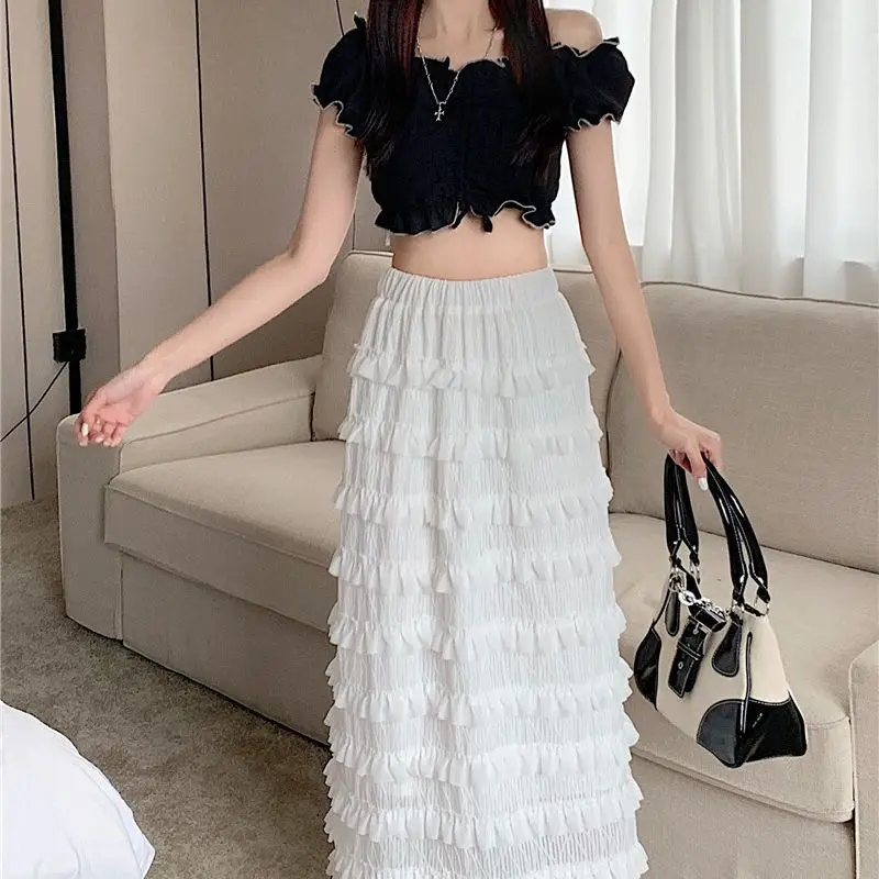 Женская сетчатая юбка с каскадными оборками, однотонная трапециевидная юбка с высокой талией, милая бальная юбка в Корейском стиле, весна-лето P395
