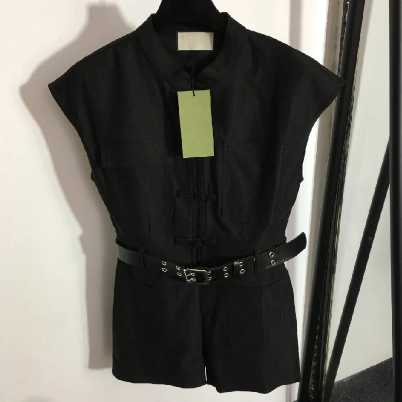 

temperament conjoined pants fashion retro buckle belt waist closed stand collar women's sleeveless vest conjoined pants shorts
