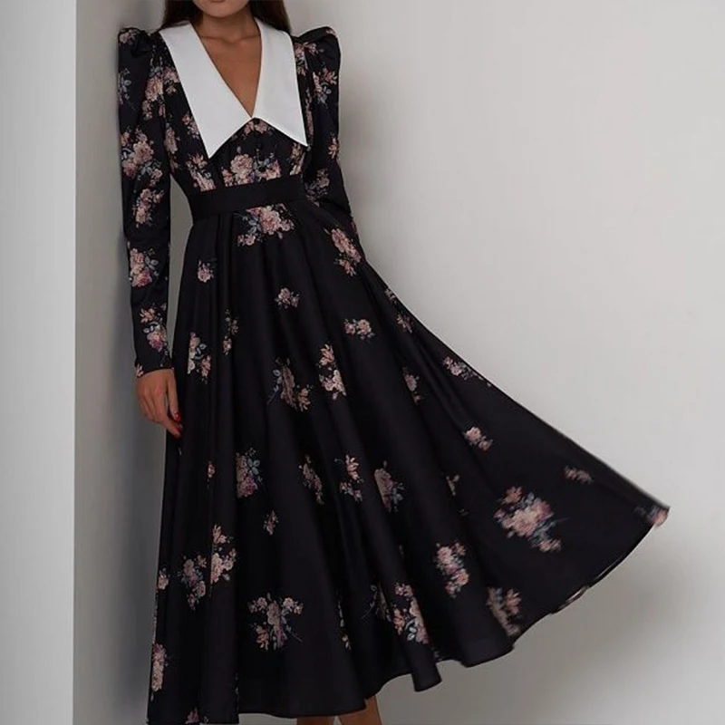 

Casual Puff Sleeves Bohemian Dress Elegant V Neck High Waist Slim Long Dresses Women's Vintage Flower Print Pleated Party Dress