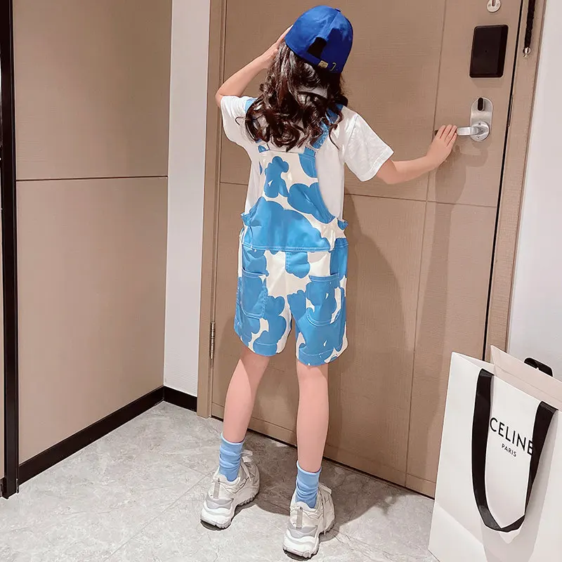 Fashion Girls Clothing Sets Summer New Arrival Blue Camouflage Suspender Shorts + T Shirts Two Pieces Children's Costume Outfits