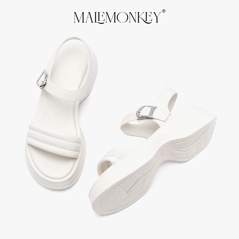 MALEMONKEY Chunky Sandals Women Leather 2023 New Outdoor Casual Retro Fashionable Open Toe Black Ladies Shoes Handmade Summer