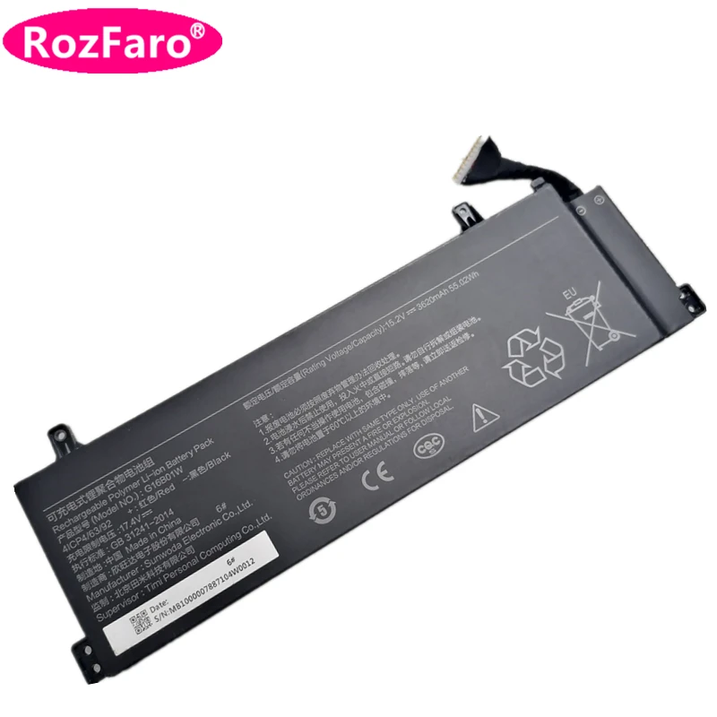 

RozFaro G16B01W Laptop Battery 15.2V 55.02Wh 3620mAh For Xiaomi Redmi G Gaming 16.1Inch XMG2003-AJ XMG2003-AB XMG2003-AL
