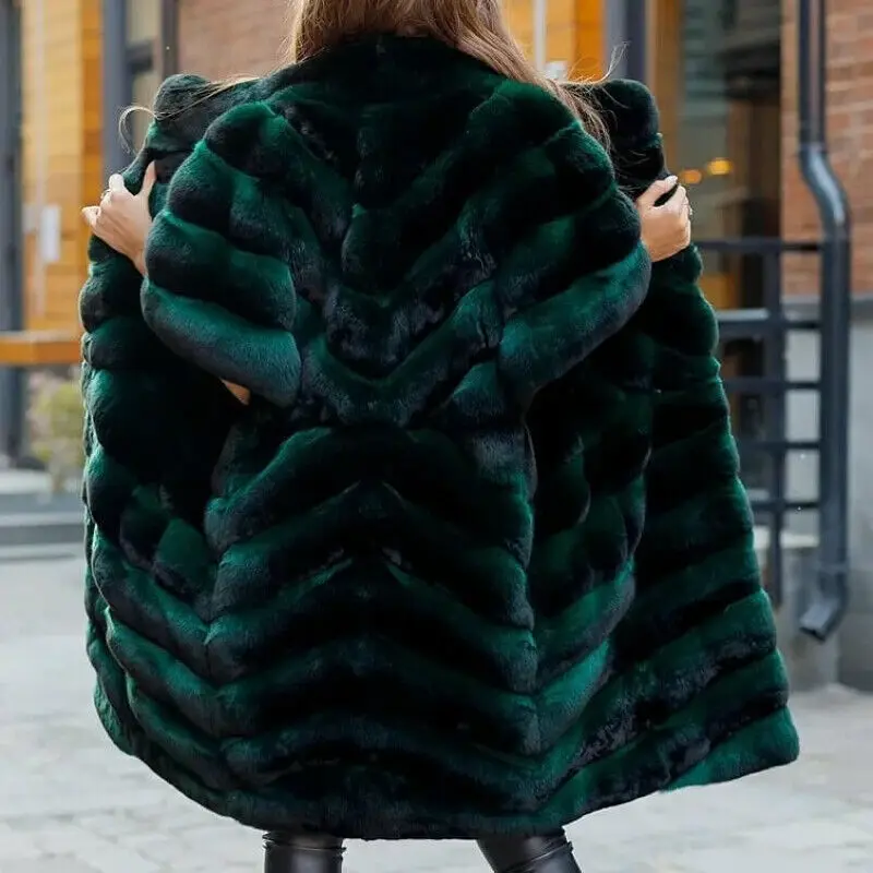 Fashion Women's Real Chinchilla Rex Rabbit Fur Coats Luxury Elegant Winter Warm Jackets Green Natural Thick Overcoat