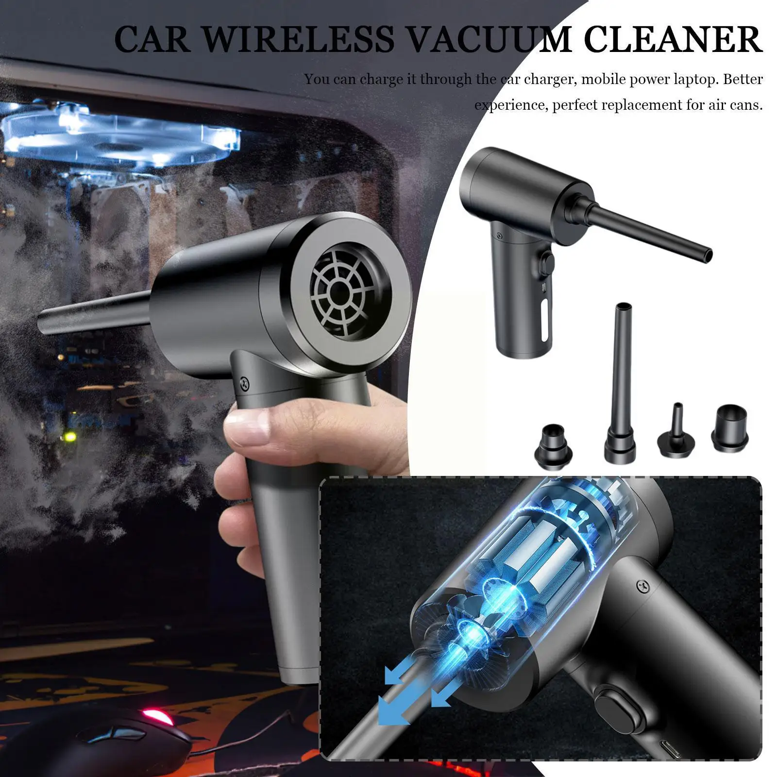 

Wireless Car Cleaning Dust Blower 50000 Rpm Air Duster Vacuum Cleaner Multifunctional Dust Blowing Gun For Computer Keyboar F7u1