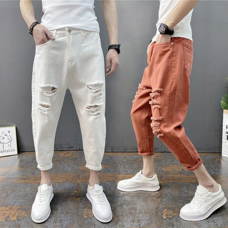2022New Men's Big Ripped Ankle-Tied Jeans Korean Style Trend Society Guy Ankle-Length Pants Ankle-Tied Harem Pants