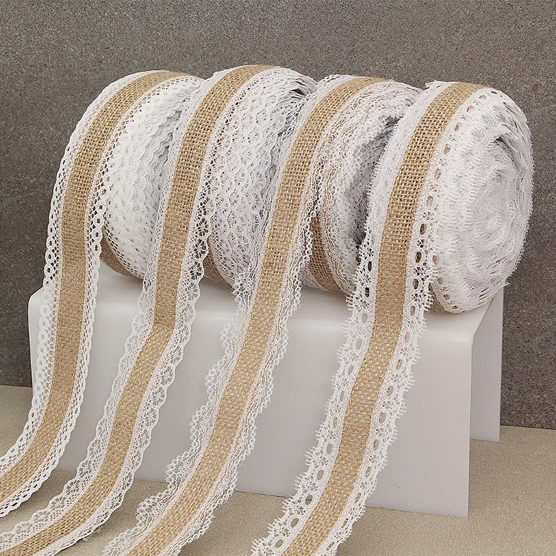 

2Meter 25mm Jute Burlap Hessian Ribbon with Lace Trim Christmas Party DIY Craft Vintage Rustic Wedding Gift Packaging Decoration