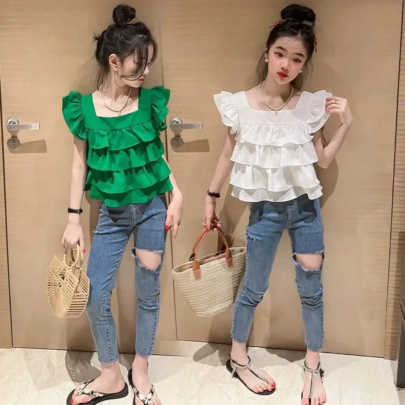 

Girls Tops Vest Summer White Ruffles Sleeveless Short Shirt Teens Kids Clothes 12 13 14 Years Children Beach Hooliday Blouse