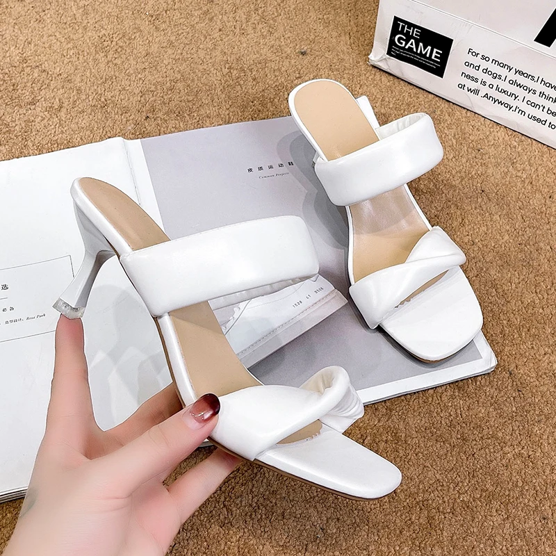 

Women Pleated High Heels Slippers Summer New Square Toe Shoes 2022 Fad Party Dress Pumps Sandals Flip Flops Slides Women Shoes