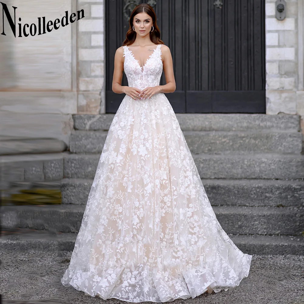 

Nicolle Tank Sleeveless Wedding Dresses 2023 Bride Appliques Fancy V-Neck Backless Court Train Tulle A-LINE Vestidos De Novia