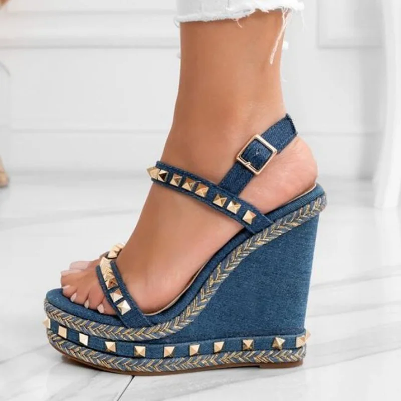 

Blue Denim Studded Wedge Espadrille Sandals Buckle Strap Peep Toe Weave Platform Wedged Heels Summer Shoes