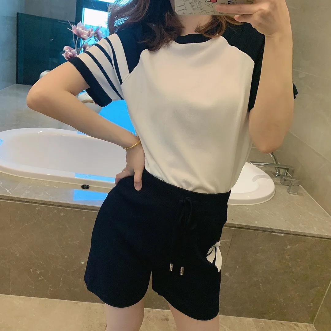 TB four-bar color-blocking striped ice silk short-sleeved T-shirt women's tops shorts hot pants sports two-piece suit