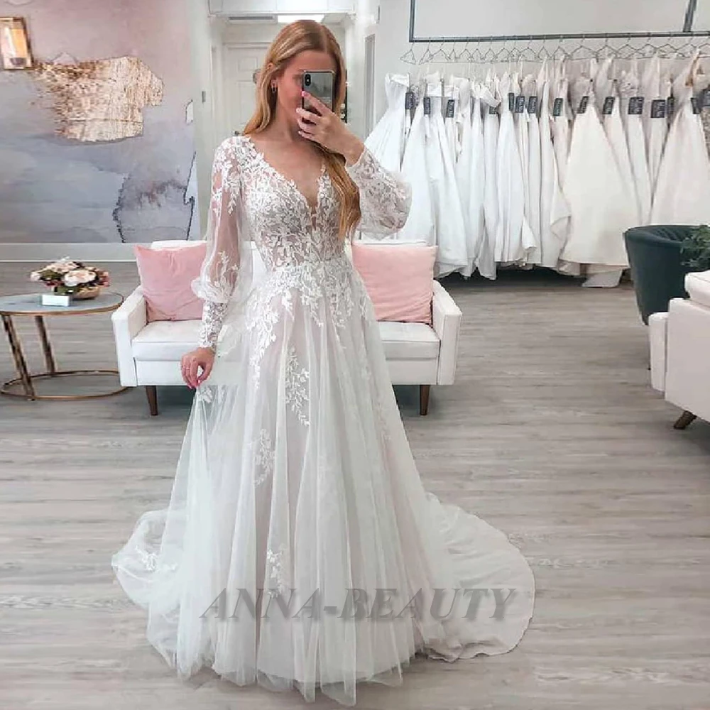 

Anna V Neck Long Lantern Sleeve Wedding Gown For Bride Modern Appliques Illusion Court Train Vestidos De Novia Brautmode