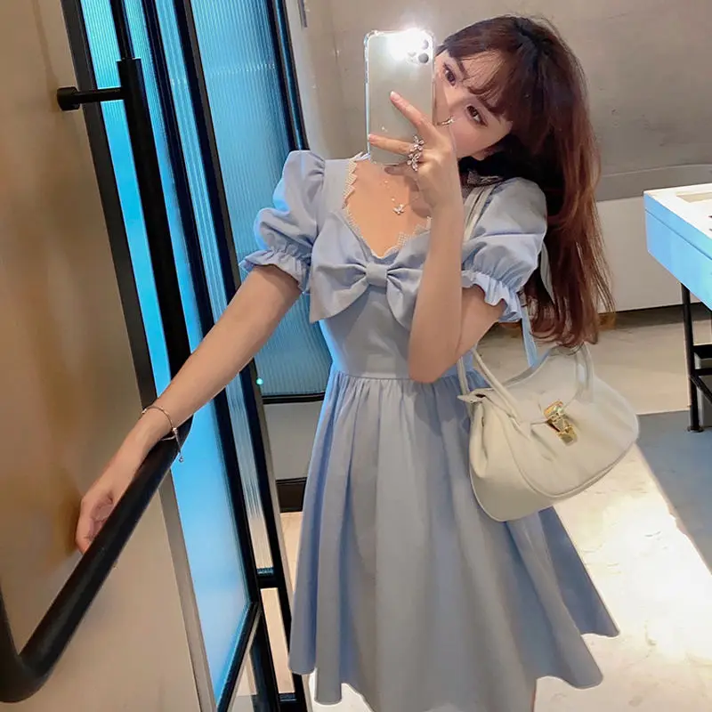 

Dress Women Sweet Bow Korean Style Ladies Blue Short Sleeve Vestdios Mini Summer Party Elegant Fashion Streetwear Causal Female