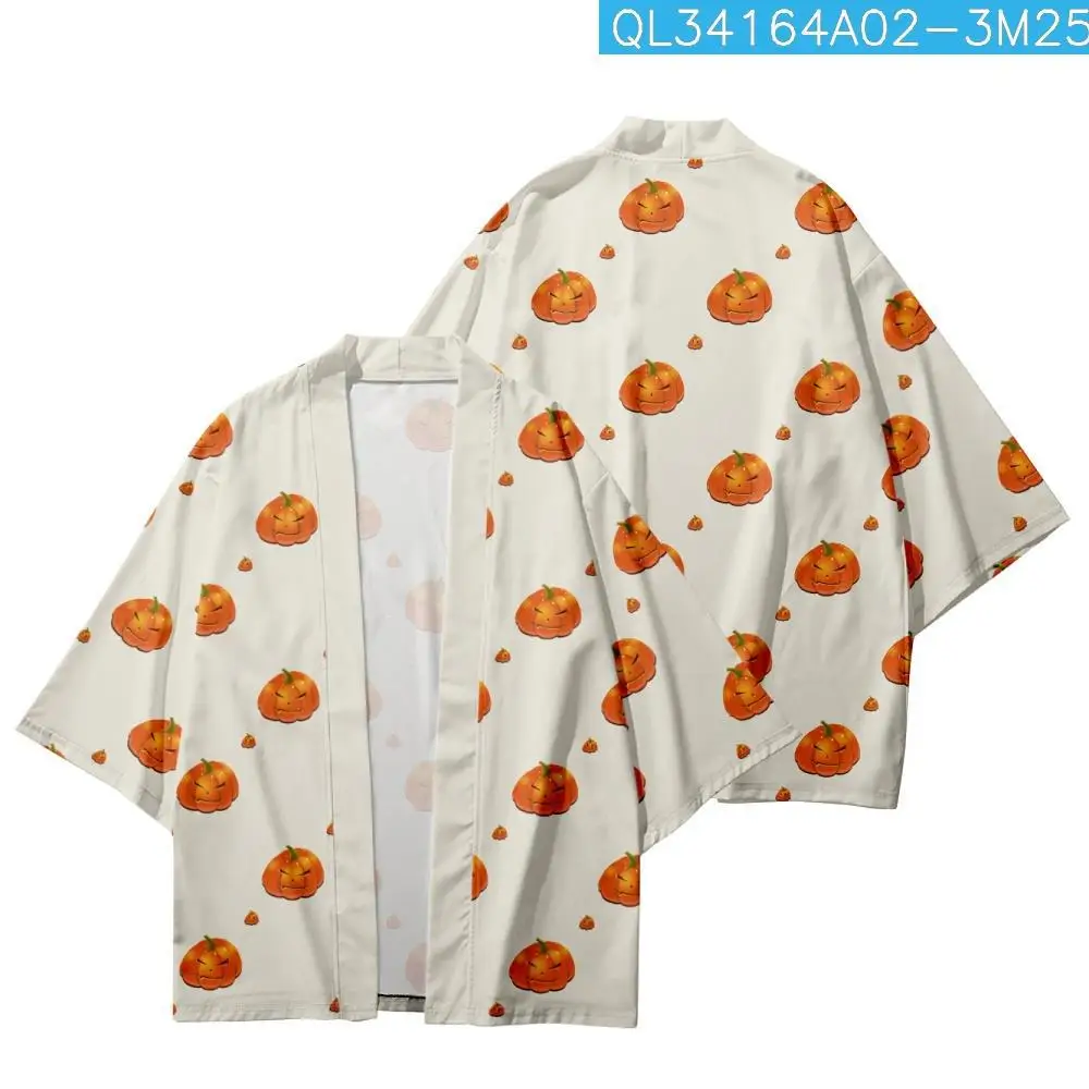 

Men Harajuku Haori Kimono Cosplay Top Shirts Beach Yukata Japanese Streetwear Halloween Pumpkin Print Cardigan