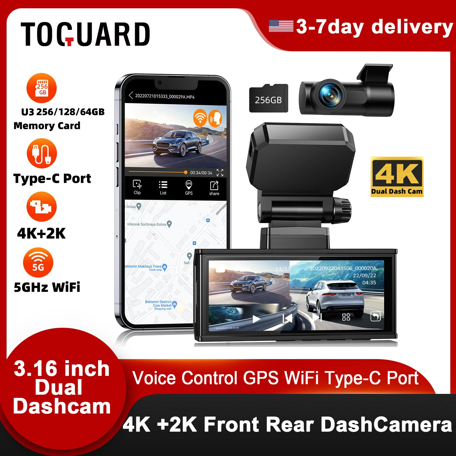 

TOGUARD 5Ghz WiFi 4K Front and 2K Rear Dual Dash Cam, Type-C port, GPS Car DVR Touch Screen, Night Vision, Voice Commands