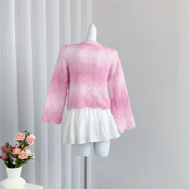 Зимний вязаный свитер женский градиент Y2k винтажный дизайн теплый в стиле