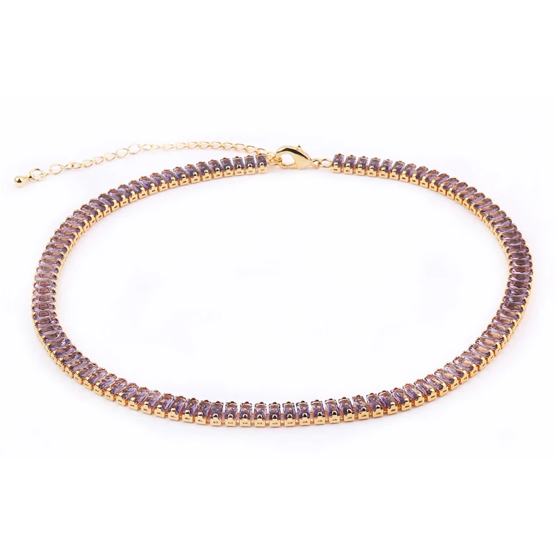 

18K Luxury Purple CZ Choker Tennis Chain Necklace For Women AAA+ Cubic Zircon Short Iced Out Hip Pop Neck Accessories Jewelry