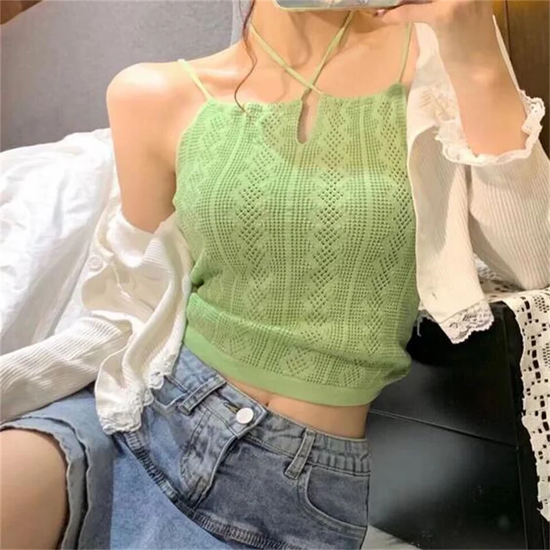 

Women Green Sexy Halter Tops 2023 Summer Hollow Out Knitted Solid Slim Cropped Tops Ladies Strappy Camis Crop Top For Women