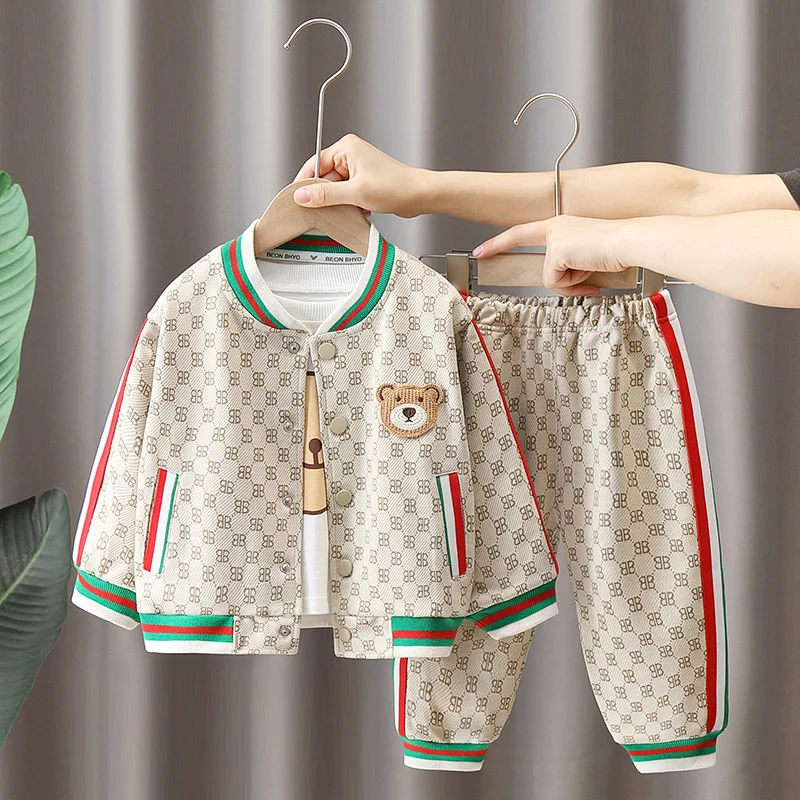 

2023 Spring Autumn Casual Kids Clothes Boy 3Pcs Set Bear Cartoon Long Sleeve T-Shirt+Single Breasted Coat+Pant Suit 1 2 3 4 5 6Y