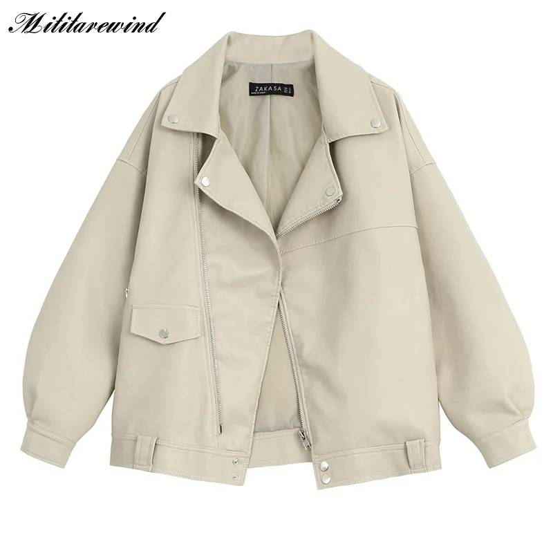 

Spring Autumn Casual Loose Moto Jacket BF Style PU Leather Jacket Women Korean Fashion Streetwear Oversize Leather Coat Femme