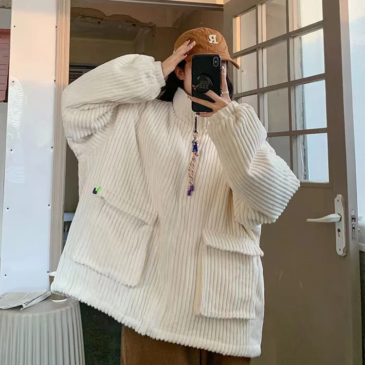 Winter women's corduroy parka women's Korean version loose diamond plus size women's elegant lapel Harajuku jacket couple jacket