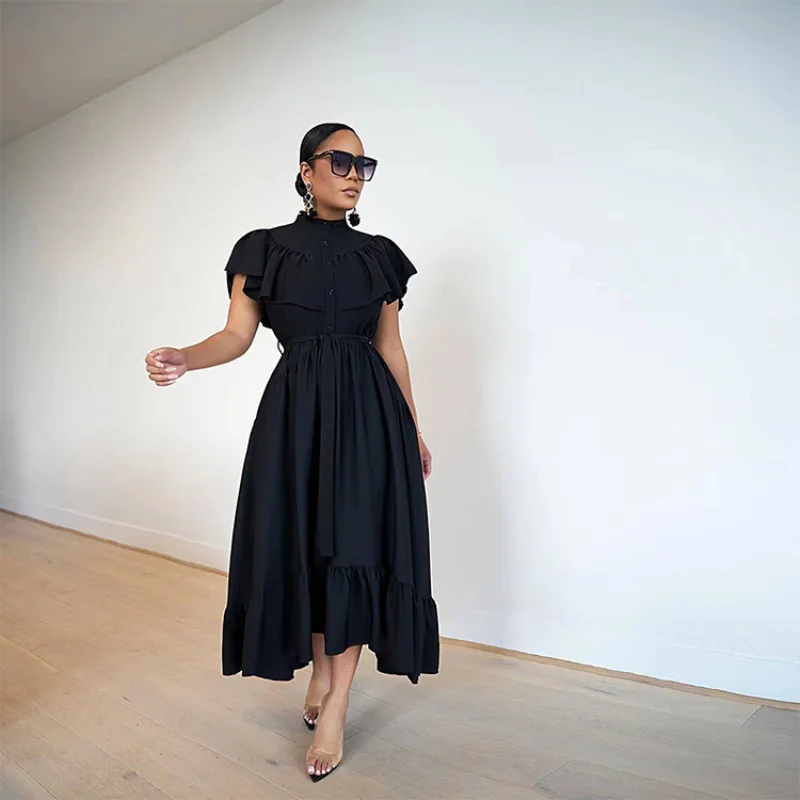 

Women Vintage Court Style Loose Long Shirt Dress Fashion Casual Short Sleeve O Neck High Waist Corset Ruffle Vacation Dress