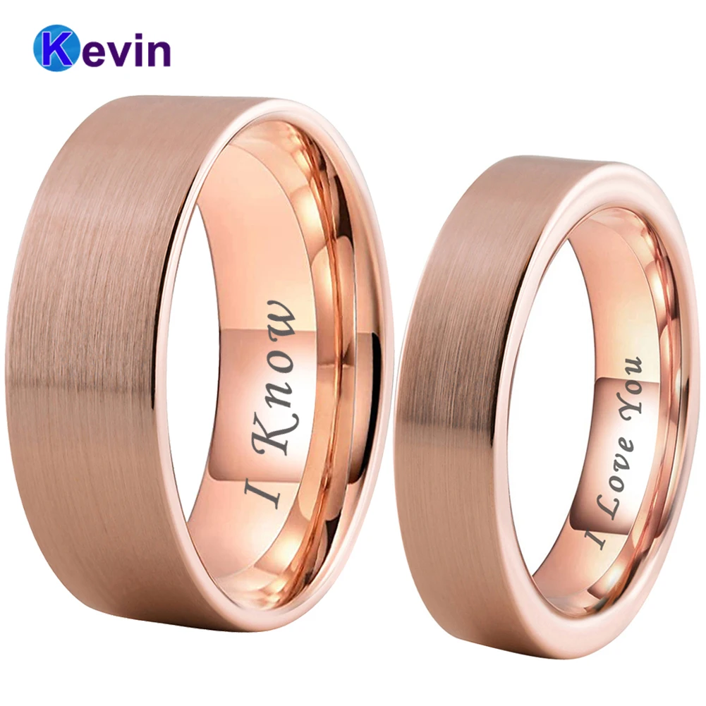 

6MM 8MM Rose Gold Wedding Band Men Women Tungsten Couple Ring Fashion Engagement Color Pipe Cut I Love You I Know Engraved