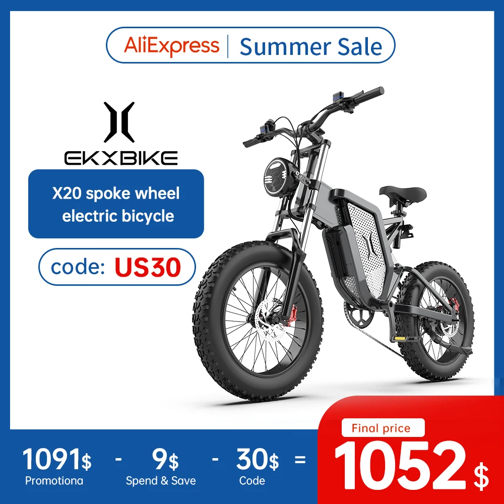 EKX X20 Electric Bike 20 Inch 4.0 Fat Snowfield Tire Mountain Moped Bike 30AH Electric Bicycle Mens Road EBike For Adults E Bike