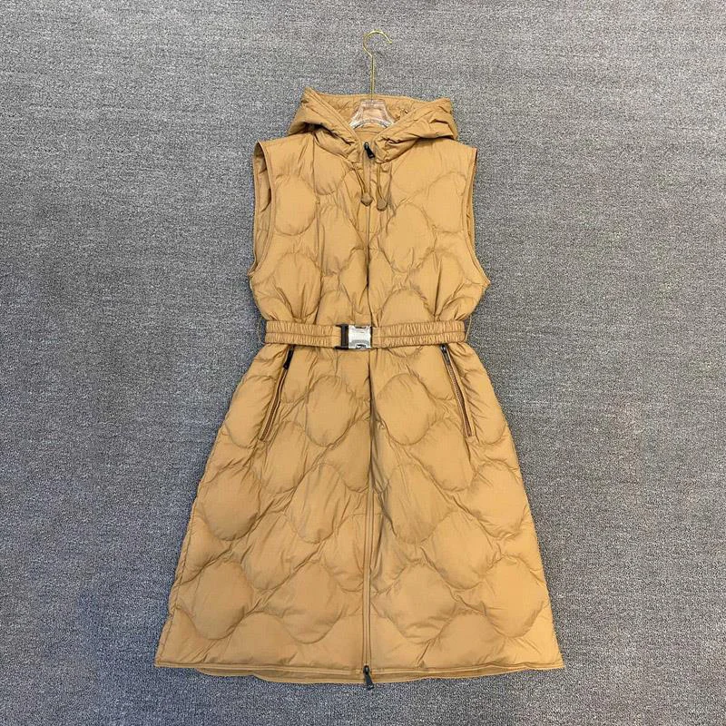 

Quality High Women Sleeveless Jacket Zipper up 90% White Duck Down Hooded Long puffer Vests with Belt Waistcoat ZN46