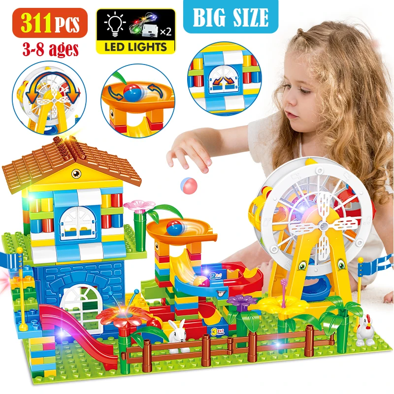 

Big Size Marble Race Run Particle Scenes LED Lights Slide Funnel House Roof Ferris Wheel Building Blocks City Brick Toys For Kid