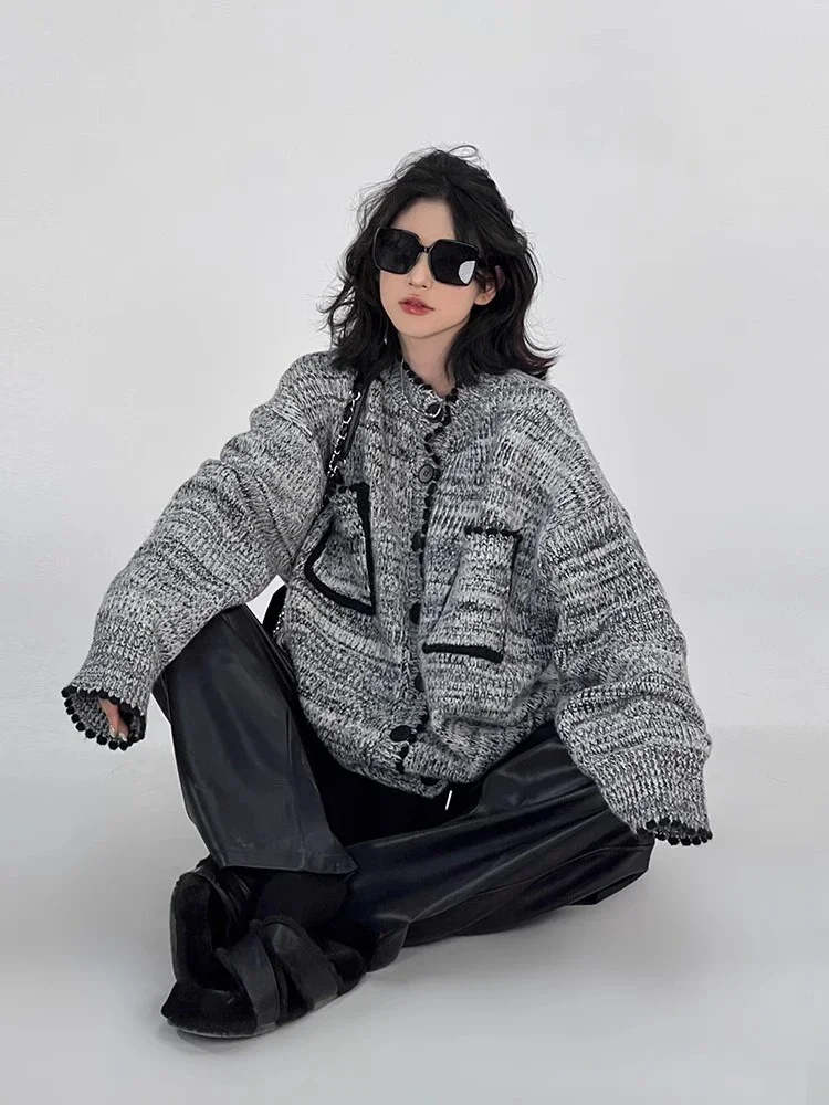 Женский серый кардиган кашемировый свитер Harajuku корейский Y2k свитера с длинными