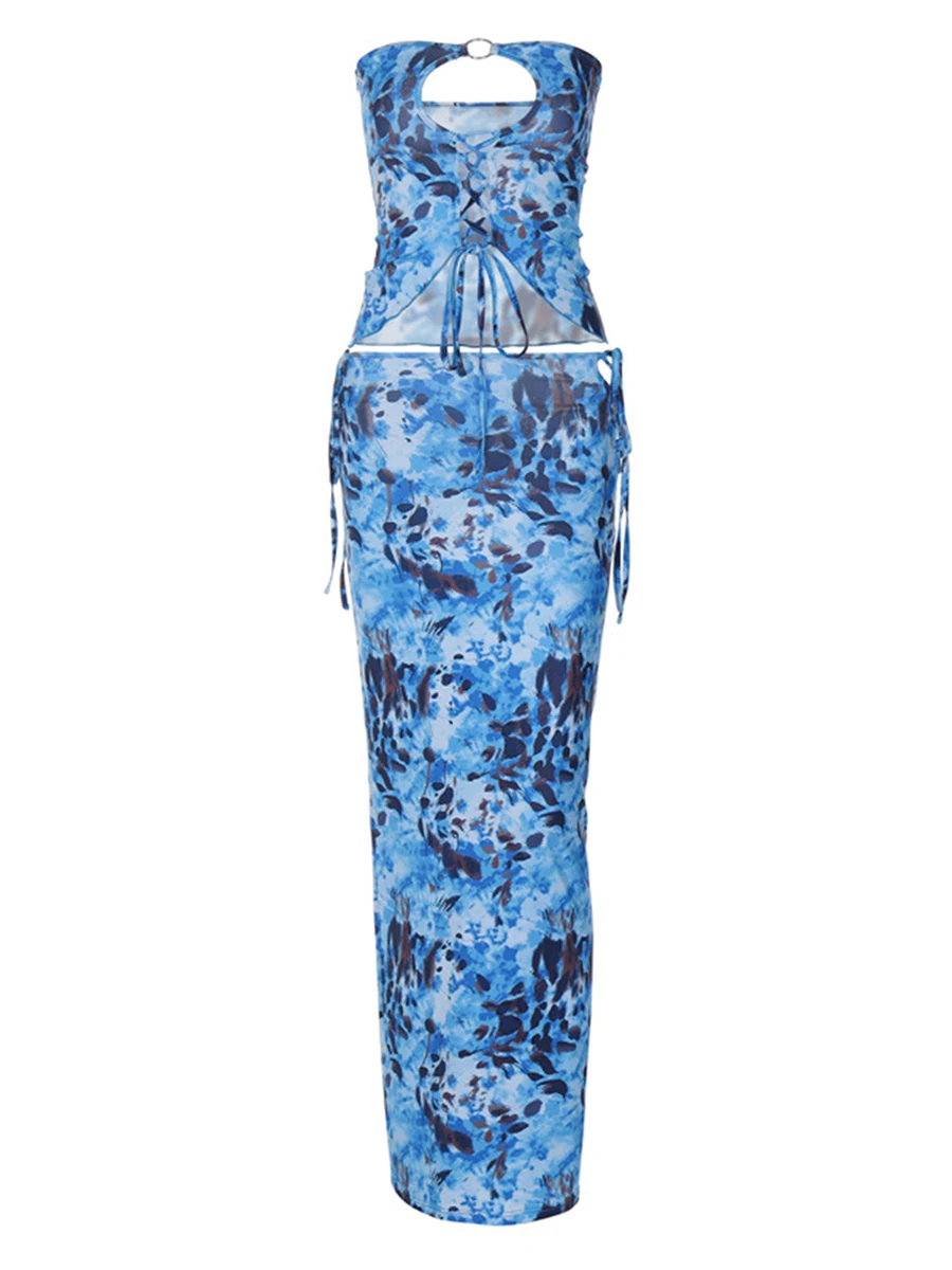 

Women s 2 Piece Skirt Outfits Off Shoulder Pattern Print Tube Tops Long Skinny Skirt Set