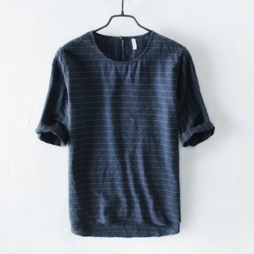 

Рубашка мужская в полоску, удобная дышащая футболка из хлопка и льна, свободная Модная брендовая футболка с коротким рукавом