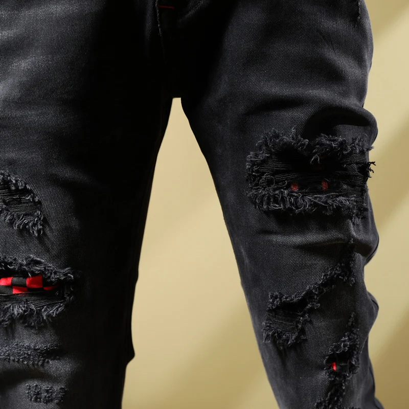 Street Fashion Men Jeans Retro Black Gray Elastic Stretch Skinny Ripped Jeans Men Red Plaid Patched Designer Hip Hop Pants Homme