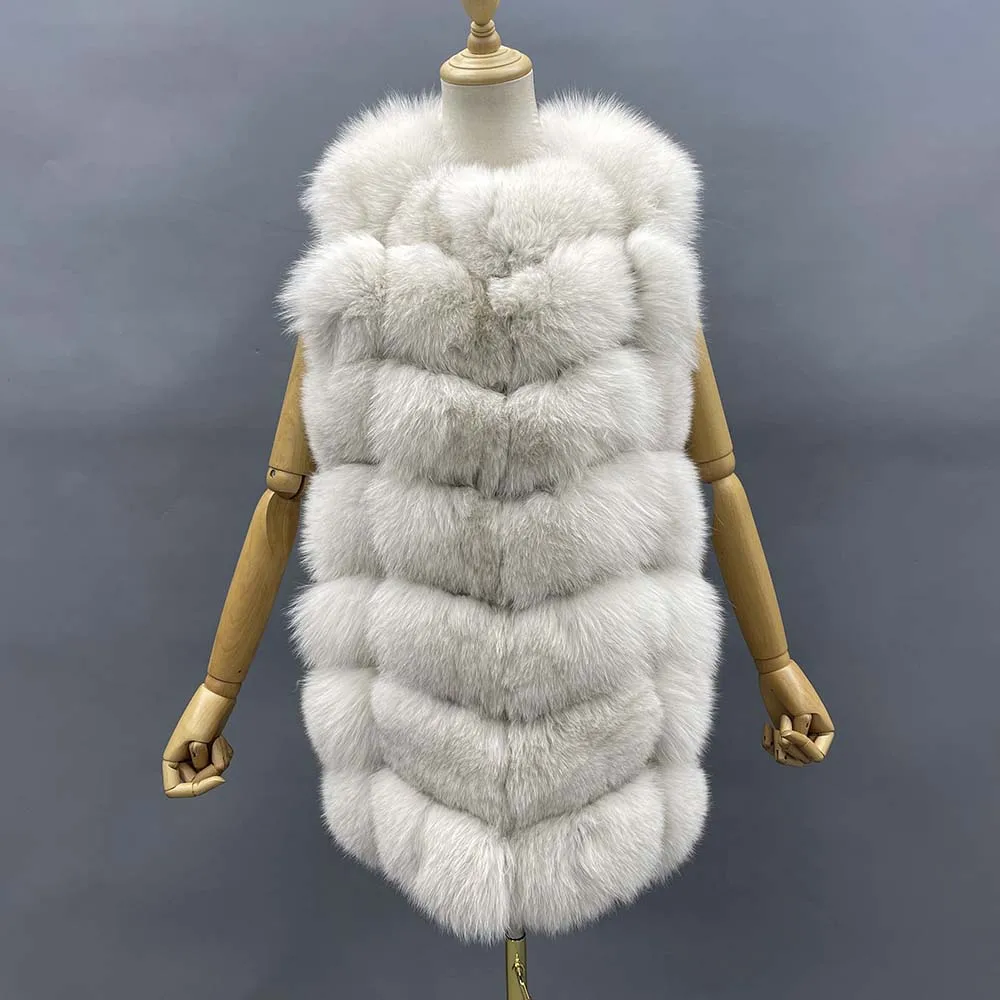 Enlarge MISSJANEFUR Real Fox Fur Vest Black Women 2022 Fashion Warm Medium Long Sleeveless Winter Fur Waistcoat XXXXXL