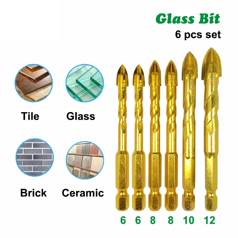 

6PCS/Set 1/4" Hex Shank Twist Glass Bits Titanium Ceramic Drilling Drill Set 6 8 10 12mm Tile Concrete Cross Tip Hole Bit Tile