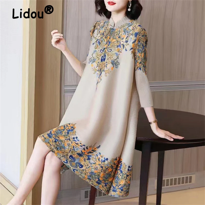 

Retro Printed 3/4 Sleeve Elegant Dress 2022 Women's Spring Summer Clothing New Middle-aged Mother Loose Casual Fashion Dresses
