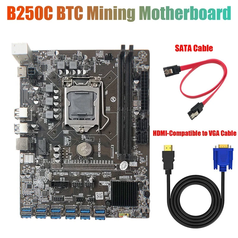 

B250C Mining Motherboard With HD To VGA Cable+SATA Cable 12 PCIE To USB3.0 GPU Slot LGA1151 Support DDR4 RAM For BTC