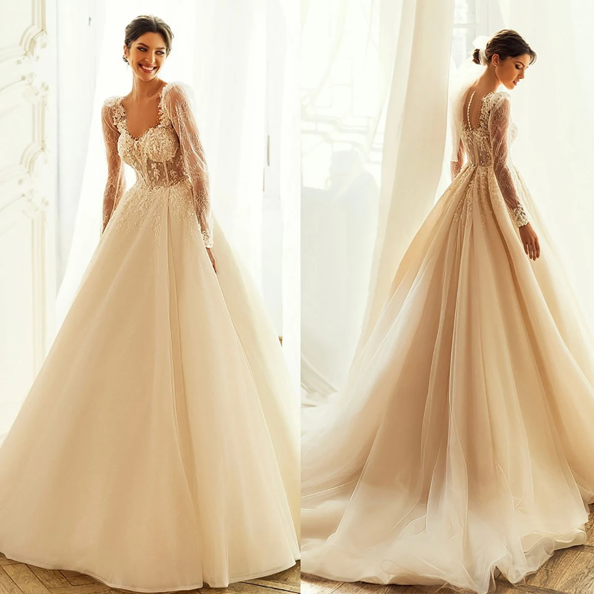 

Роскошные свадебные платья а-силуэта с аппликацией из бисера, кружевное свадебное платье с длинным рукавом, сделанное на заказ, на пуговица...