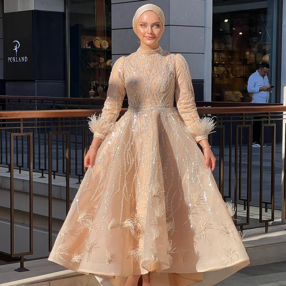 

Long Sleeve Feathers High Low Prom Dresses Temperament Middle Eastern Lace Evening Party Dress Muslim Clothing فساتين سهرة فخمه