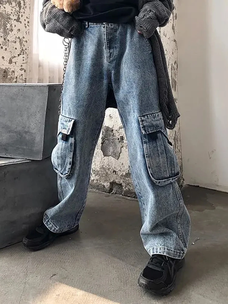 

Джинсы женские в стиле хиппи, винтажные мешковатые брюки-карго из денима в стиле оверсайз, с карманами, в стиле хиппи, синие, уличная одежда ...