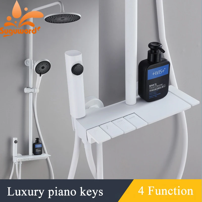

Luxury Piano Keys Round Bathroom Shower Faucet Rainfall Shower 4 Function Brass Wall Mount Cold Hot Water Mixer Bathing Crane