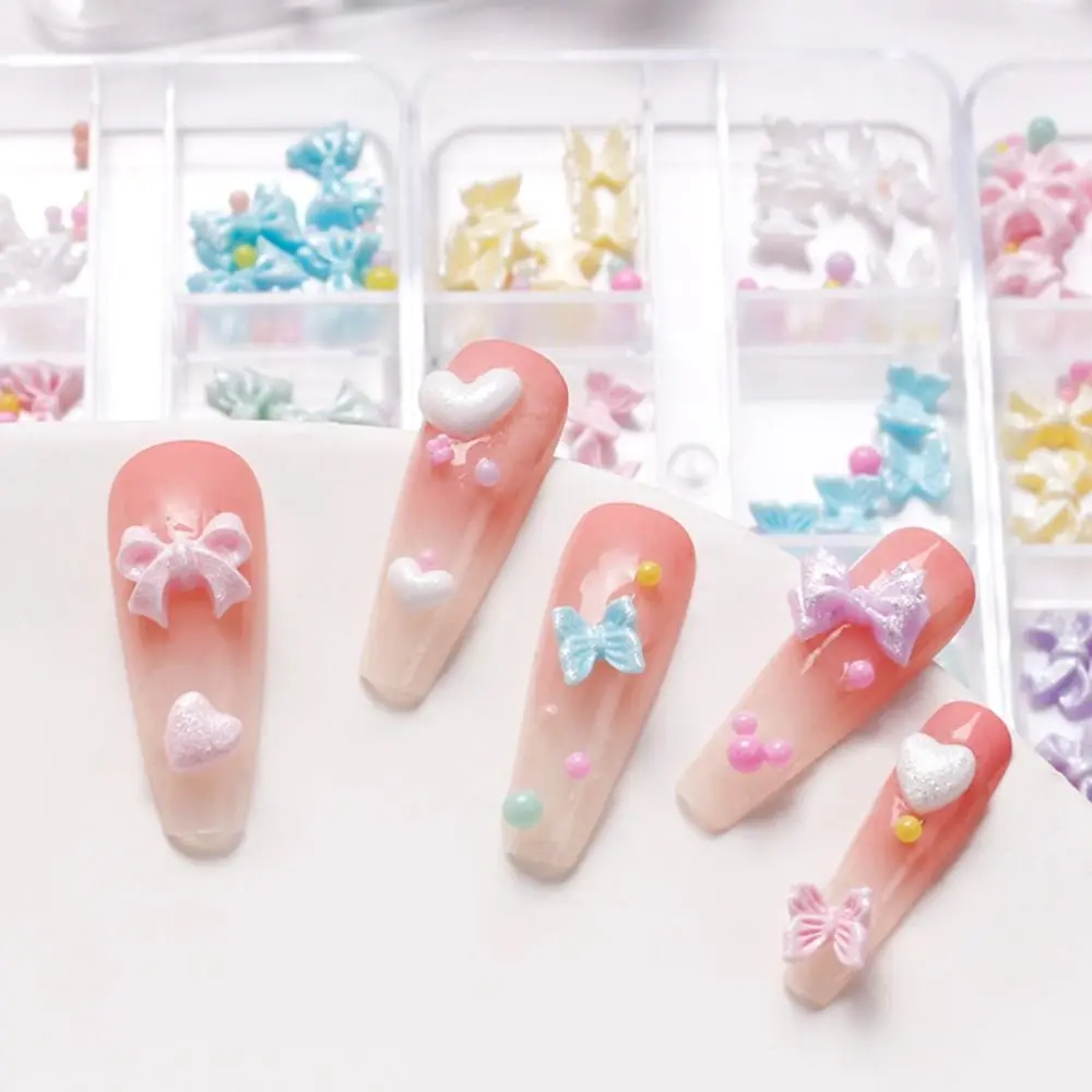 

1Box Love Heart Ribbon Resin Bow Charming Nail Mixed Color Resin Ornament Japanese UV Gel Nails Manicure Tips Charming