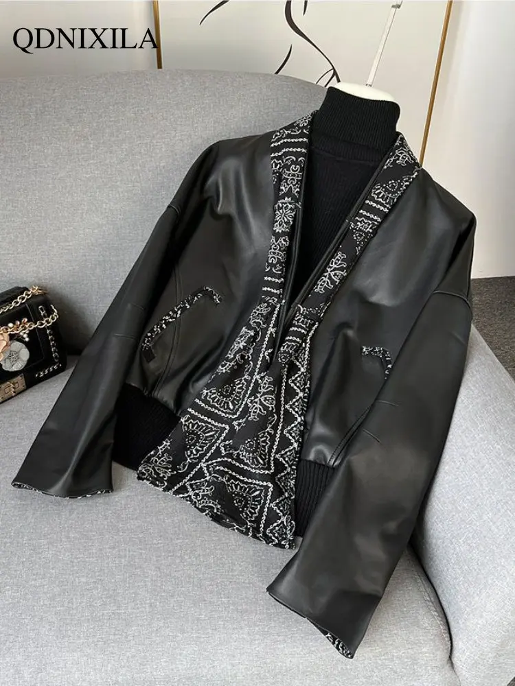 Women's Leather Jacket 2023 Women's Spring Jacket New Outerwear Short Casual Black Imitation Sheepskin Jackets Women's Coats