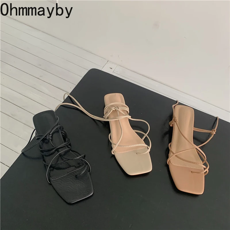 

2022 Summer Women Sandal Fashion Square Toe Flats Heel Lace Up Gladiator Sandal Outdoor Dress Narrow Band Shoes