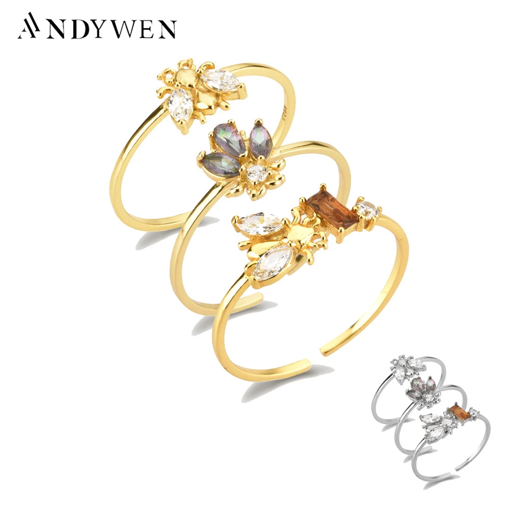 

ANDYWEN 925 Sterling Silver Bees Adjustable Ring Women Slim Finger Rings Jewelry Animal Light Jewelry For Wedding Party Jewelry